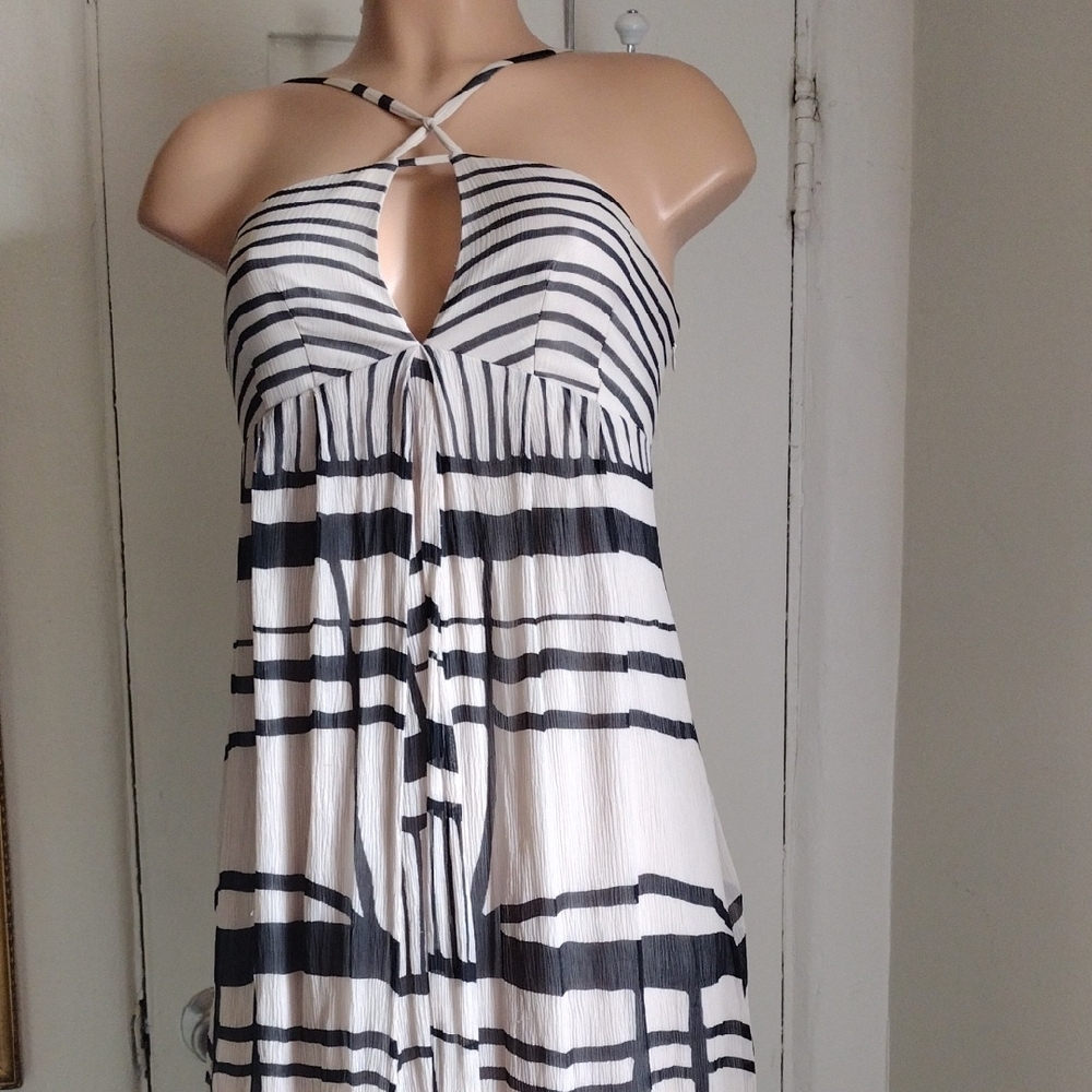 Club Monaco Silk Striped Black and Beige Women's Dress